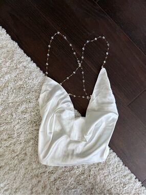 White Satin Cowl Neck Beaded Strap Backless Top